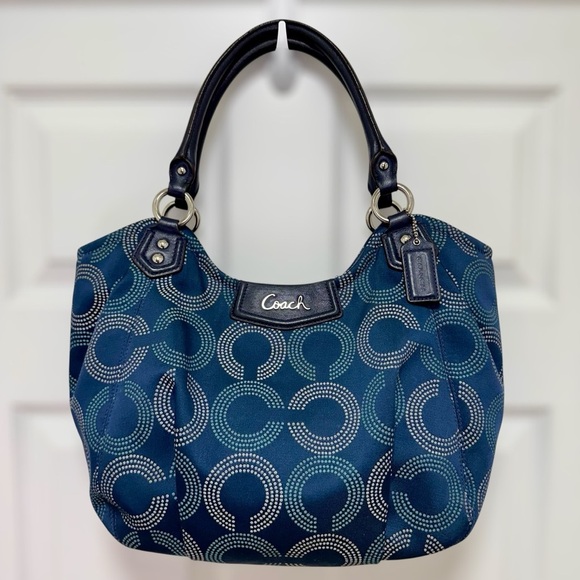 Coach Ashley Dotted Op Art Tote Blue with Navy Leather Trim - Picture 1 of 13